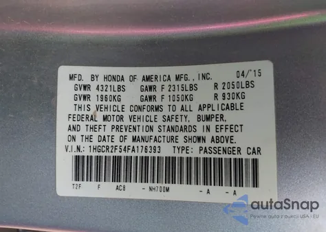 2015 Honda Accord Sport из США, поврежденный, VIN 1HGCR2F54FA176393